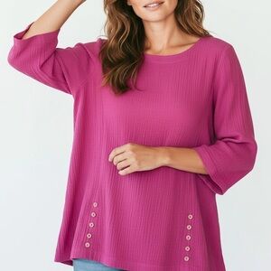 Soft Surroundings Tunic Top Crinkled Texture Gauze Boatneck 3/4 Sleeve Fuchsia